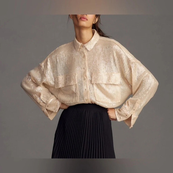 NWT Pilcro Anthropologie sold out spring ivory cream sequin button up shirt - Picture 4 of 7